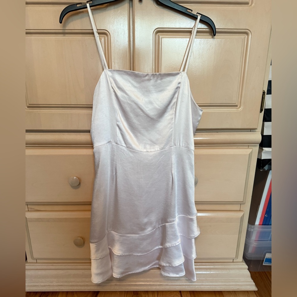 White Satin Ruffle Mini Dress - Picture 3 of 6